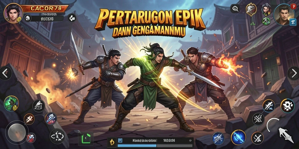 Screenshot menunjukkan aksi bertarung seru di CACOR78 dengan karakter yang dinamis.