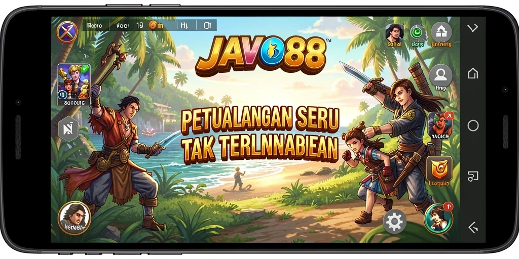 Screenshot utama <strong>JAVO88</strong> menampilkan karakter dalam aksi di lingkungan petualangan yang menantang.