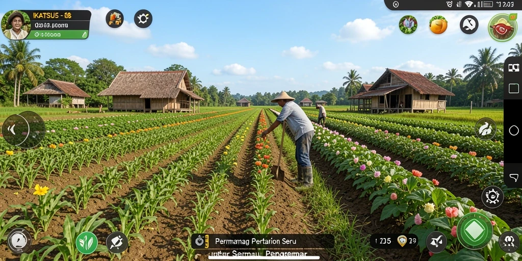 Screenshot gameplay KATSU5 yang menunjukkan pertanian yang indah.