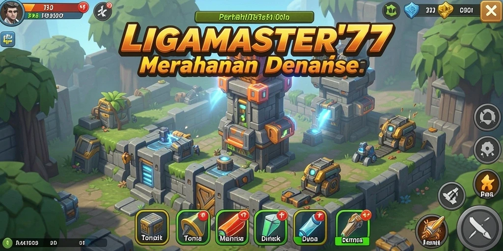 Tampilan gameplay seru dalam LIGAMASTER77 saat mempertahankan menara.