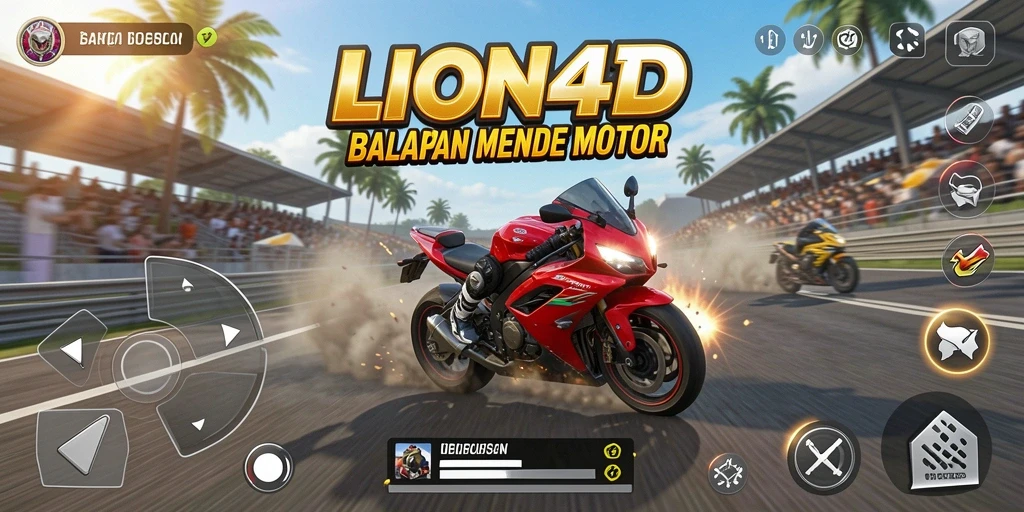 Tampilan gameplay menegangkan di LION4D dengan motor balap yang cepat.