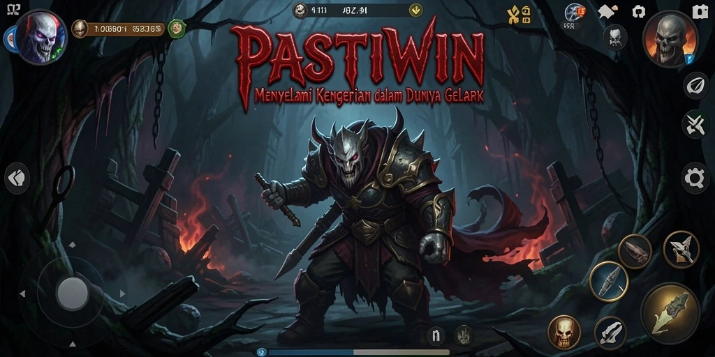 Screenshot utama PASTIWIN menampilkan suasana kegelapan yang menghantui.