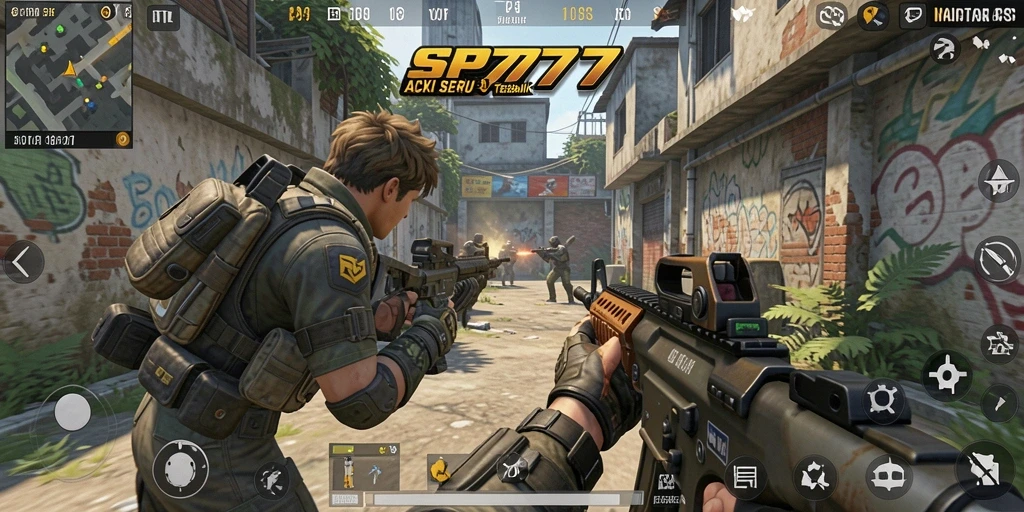 Screenshot SP777 menampilkan gameplay FPS yang mendebarkan.